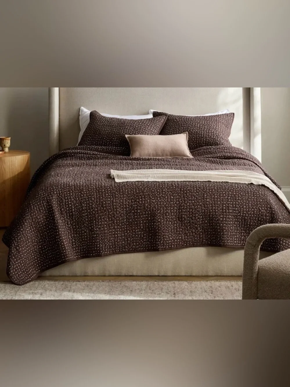 NWT Quince Organic Cotton Hand Stitched 3 pc Quilt Set, King/Cal (Espresso)